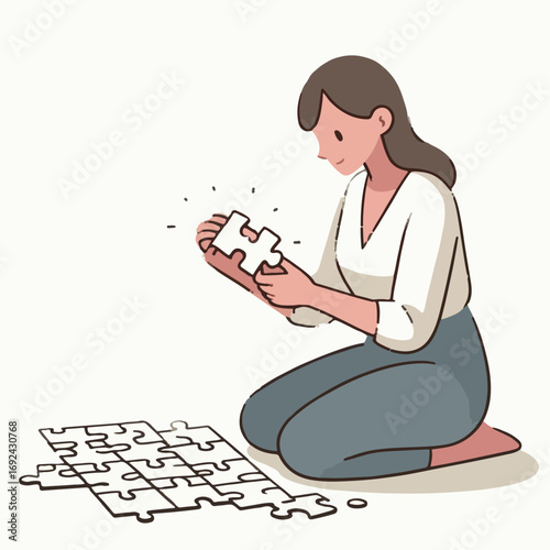 Illustration of a woman putting together a puzzle