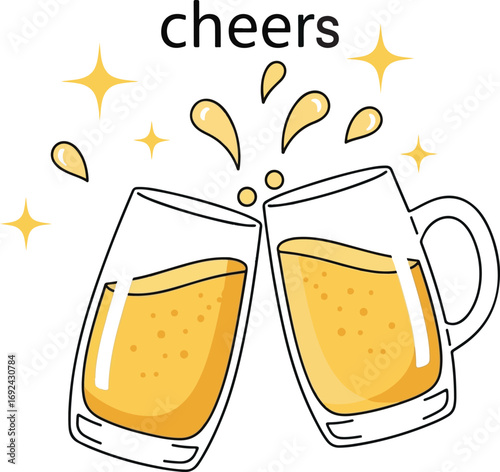 Two Beer Mugs Toasting With Bubbles And Sparkles clinking celebration