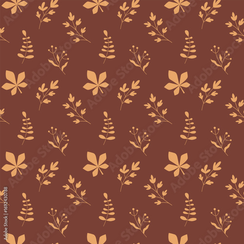 Seamless autumn foliage pattern with golden leaves on a deep brown background. Elegant seasonal design perfect for wrapping paper, fabric, or stationery.