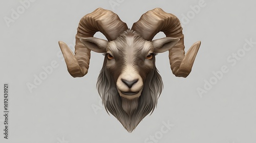 Goat emoji icon with curled horns and realistic hair texture over gray base