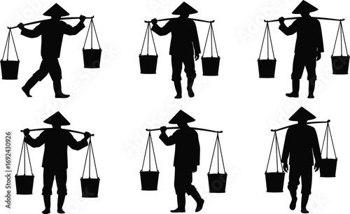 Silhouettes of Asian farmers carrying water buckets on shoulder poles, traditional rural life, farming work, conical hats, walking and standing