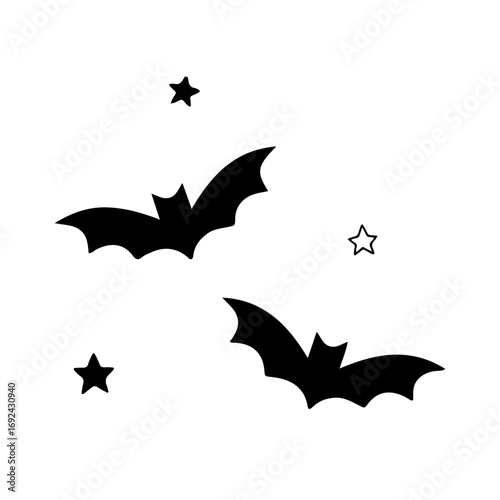 Halloween Bats and Stars Silhouette Illustration, Black and White Vector Icon Set