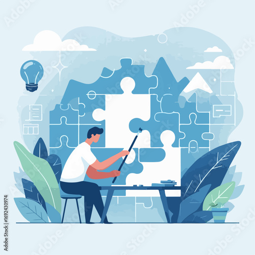 Illustration of a businessman putting together a puzzle