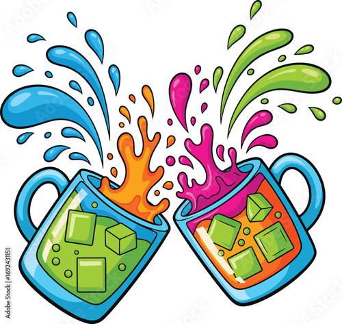 Two Colorful Mugs Splashing With Drinks And Ice Cubes clinking