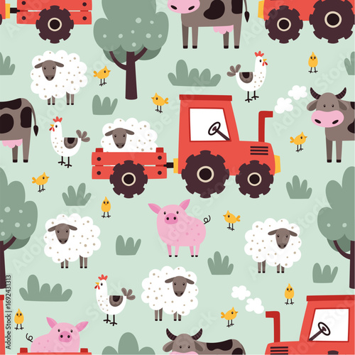 Seamless pattern with a farm, tractor and trees. Suitable for printing on fabric and wrapping paper.