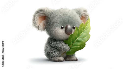 Koala emoji icon with soft gray tones and realistic leaf-textured surface