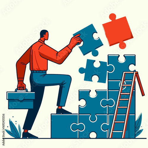 Illustration of a businessman putting together a puzzle