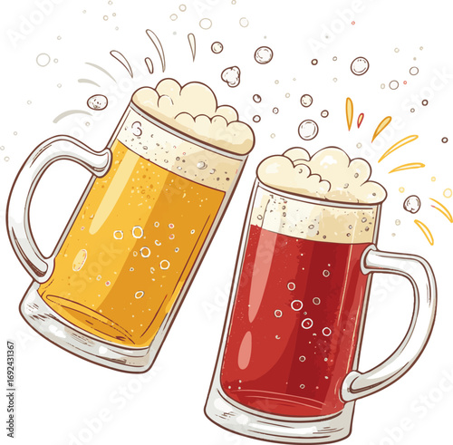 Two mugs of beer clinking together with bubbles and foam toast cheers