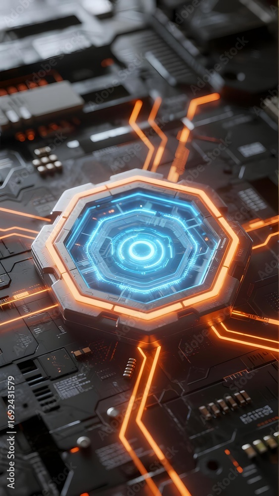 Fototapeta premium Futuristic Circuit Board with Illuminated Hexagonal Core