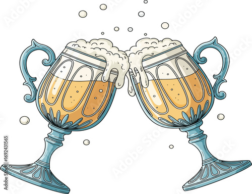 Two ornate beer mugs toasting with overflowing foam and bubbles celebration