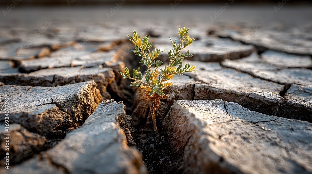 Fototapeta premium Dramatic, low-angle shot of a sun-baked, cracked earth landscape. A single tiny green sprout grows from a fissure, symbolizing hope in this photorealistic view.