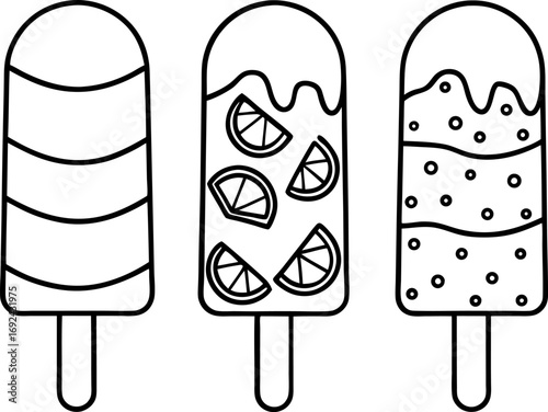 Assorted popsicle outlines three ice cream bars with fruit and sprinkles, summer sweets, black and white illustration