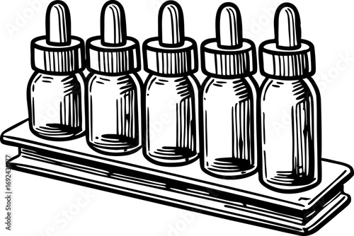 Row of medicine dropper bottles on tray hand drawn illustration of pharmaceutical containers for laboratory or apothecary use