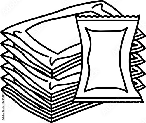 Stack of sealed rectangular food sachets single use packaging, portion packs for snacks, seasoning or condiments