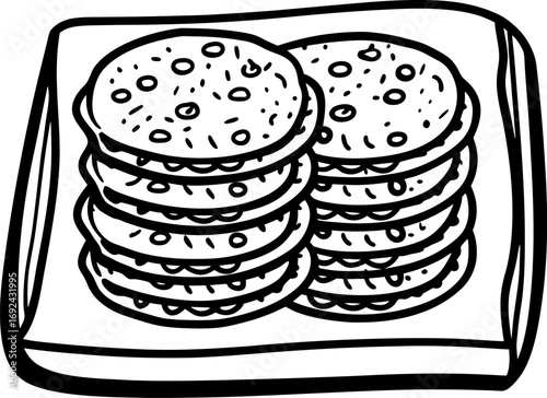 Stack of round cookies on tray hand drawn dessert illustration, sweet baked biscuits, bakery snack doodle