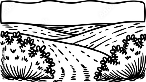 Rolling countryside fields with shrubs and winding pathways black and white landscape illustration