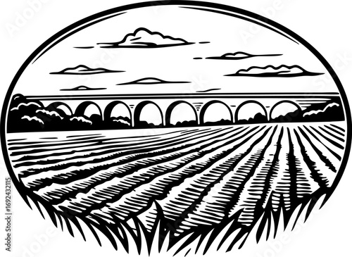 Sunrise over rural fields with distant bridge and clouds scenic landscape, agriculture, peaceful countryside
