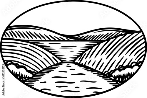 Rolling hills landscape with river, farmland fields, and agriculture scene in black and white line art