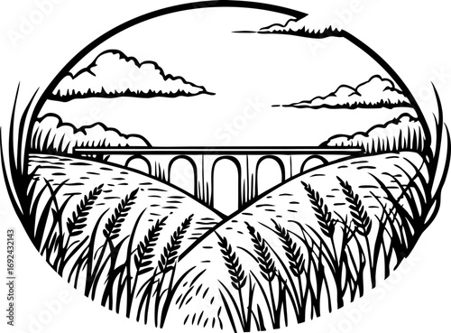 Wheat field landscape with arched bridge and clouds rural agriculture, pastoral scene, harvest season illustration