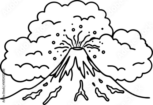 Erupting volcano outline with explosion, smoke and ash cloud simple black and white natural disaster illustration
