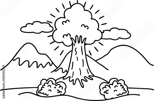 Volcanic eruption with ash cloud, mountainous landscape outline, dramatic explosion and nature scene illustration