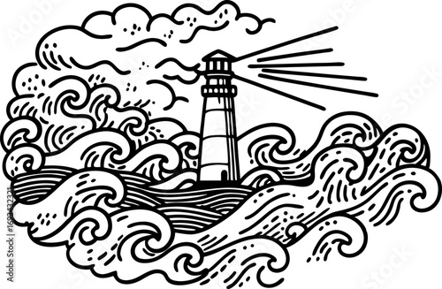 Lighthouse guiding through stormy waves, ocean beacon in turbulent sea with dramatic clouds and light rays