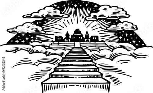 Heavenly staircase leading to celestial palace, shining light and clouds, spiritual ascent, mystical journey