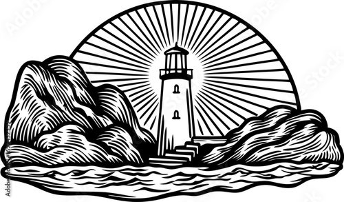 Lighthouse with radiating sun, rocky cliffs and waves nautical beacon guiding concept, black and white line art