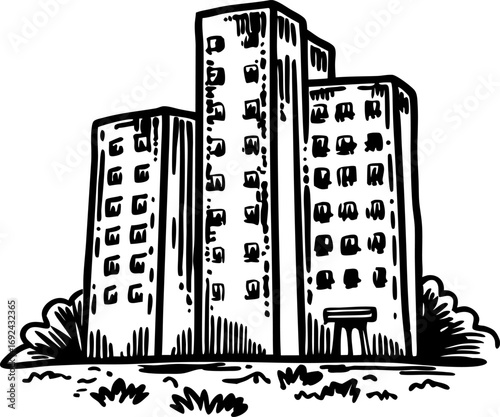 Tall modern apartment building sketch residential high rise urban housing with windows, isolated on white background