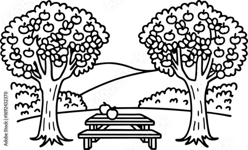 Apple orchard picnic scene two fruit trees with ripe apples, rustic wooden table, countryside landscape, nature