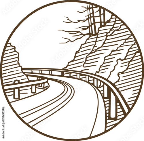Curved mountain road with safety barriers and rocky cliffs in outline scenic winding highway in nature