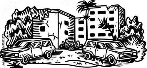 Abandoned urban buildings with overgrown plants and derelict cars decay, neglect, city ruins, vegetation reclaiming