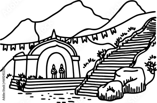 Sacred shrine with prayer flags and staircase in mountainous landscape peaceful monastery steps and spiritual nature scene