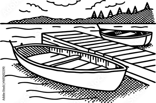 Rowboats docked at wooden pier on calm lake, hand drawn sketch style, tranquil water, scenic nature landscape