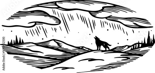 Howling wolf silhouette on mountain landscape with dramatic sky and clouds, wild nature night illustration