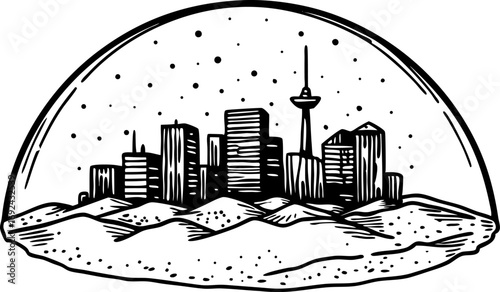 Urban city skyline under glass dome with futuristic protection concept, sketch illustration, black and white