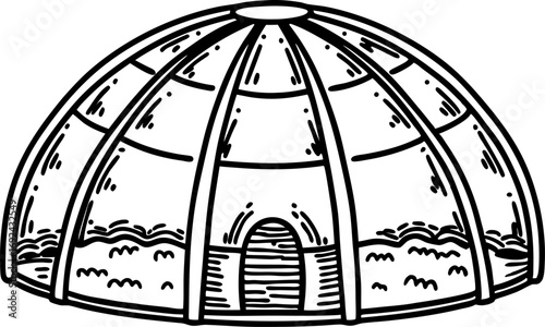 Traditional dome shelter structure illustration round hut with arched roof, entrance, and decorative line details