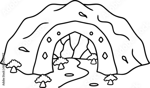 Mountain cave entrance with rocky arch, tunnel pathway and small trees nature landscape, geology formation
