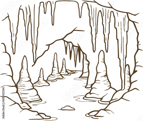 Stalactites and stalagmites in underground cave natural rock formations, geology and speleology concept