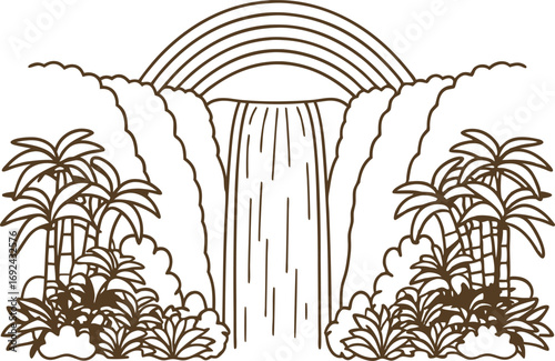 Waterfall with rainbow outline tropical plants, lush jungle foliage, peaceful nature scene, line art illustration