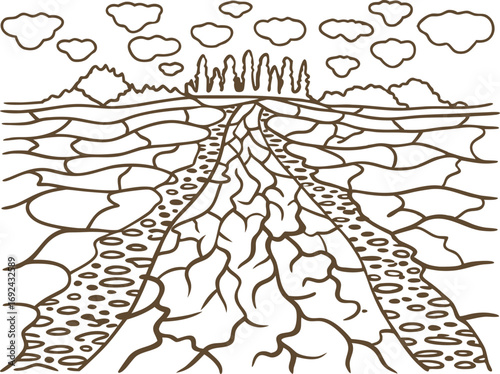 Cracked dry field and dirt road landscape illustration drought impact, barren land, countryside environment