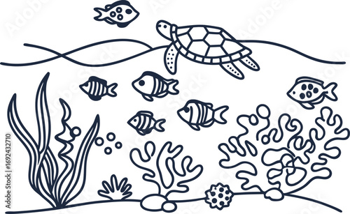 Sea turtle and tropical fish swimming around coral reef ocean marine life outline, underwater illustration