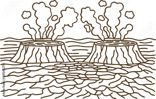 Hot geysers erupting with steam and water in a barren cracked landscape natural geothermal activity, volcanic terrain