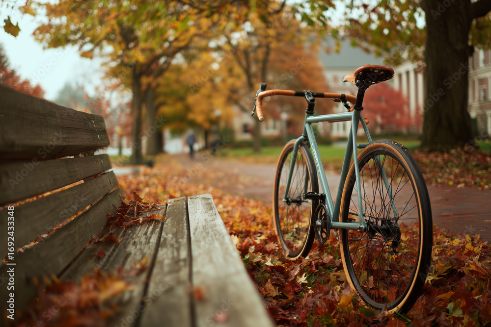 Fototapeta premium Bicycle rests peacefully against a bench in an autumn campus setting