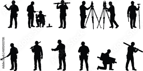 Silhouettes of Construction Workers Using Tools and Equipment on Job Site for Engineering, Surveying, and Industrial Labor Vector Illustration