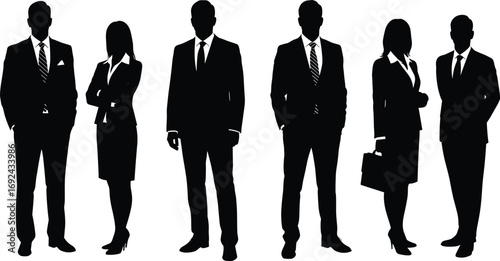 Silhouettes of Business Professionals in Formal Attire Standing in Groups, Isolated Vector Illustration for Corporate, Office, and Teamwork Concepts