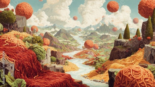 Whimsical Pasta Landscape - A Culinary Dreamscape of Noodles and Mountains.
