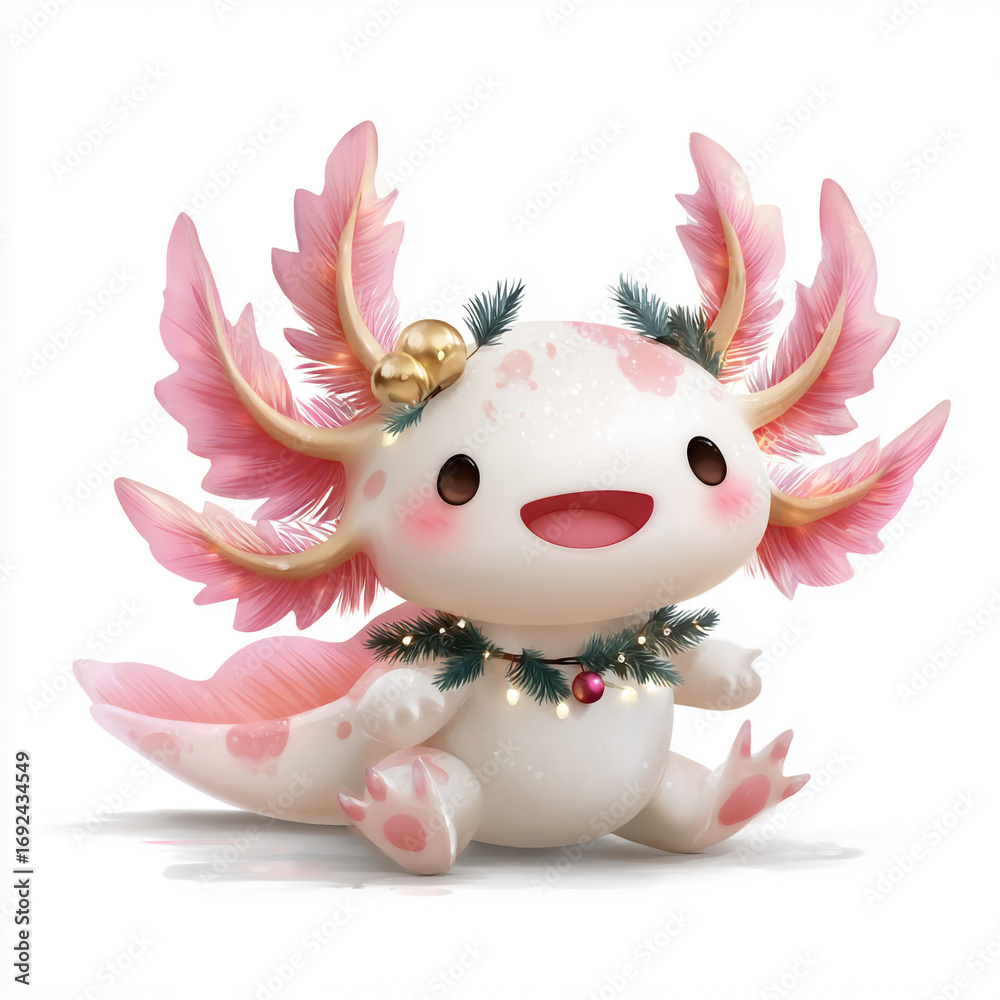 Fototapeta premium Cute axolotl character adorned with festive decorations in a cheerful setting