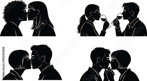 Silhouette, couple, romantic, kiss, wine, drink, vector, illustration, black, white, love, intimate, moment, graphic, affection, relationship, embrace, sharing,
