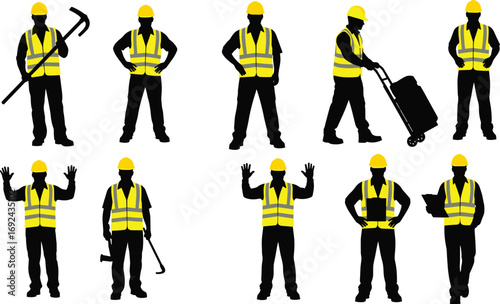 Silhouettes of construction workers wearing yellow safety vests and helmets, holding tools and equipment in various work poses.